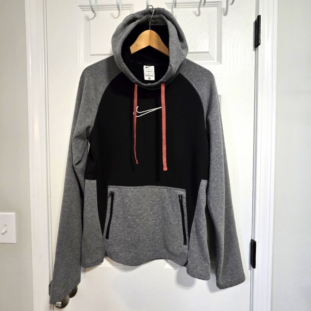 Nike Men's Therma-Fit Tech Fleece Logo Hooded Pullover Gray Black Small